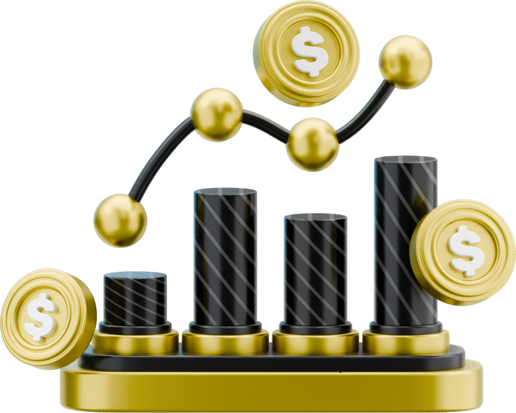 Financial growth bar chart with dollar coins representing investment success and wealth management