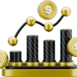 Financial growth bar chart with dollar coins representing investment success and wealth management