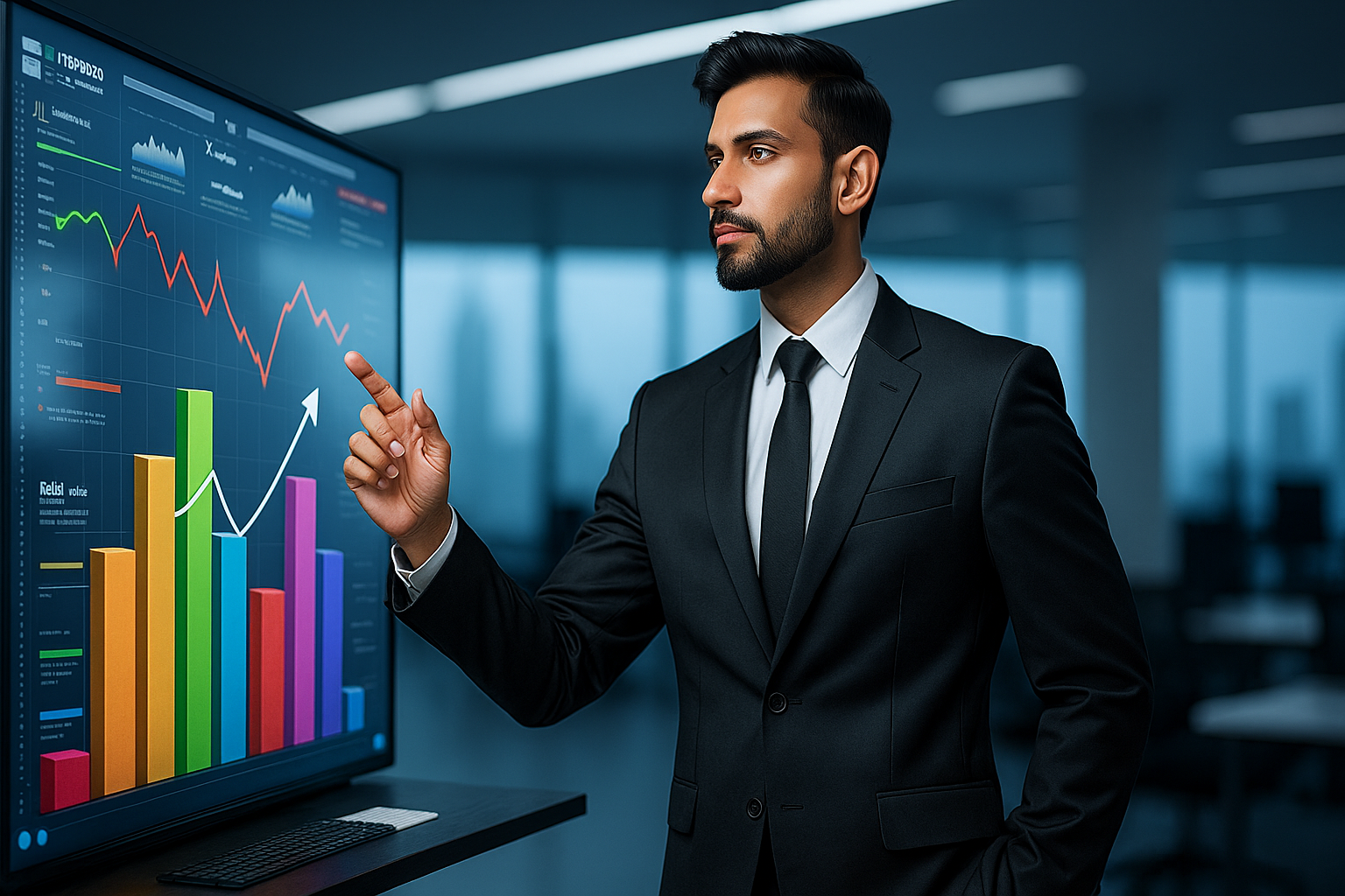 Professional investment advisor analyzing financial data on digital chart for business growth