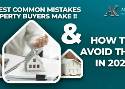 Infographic image showing common property buying mistakes and tips to avoid them in 2025, with visuals of houses, keys, and paperwork, presented by Aspire Kingdom Pvt. Ltd.